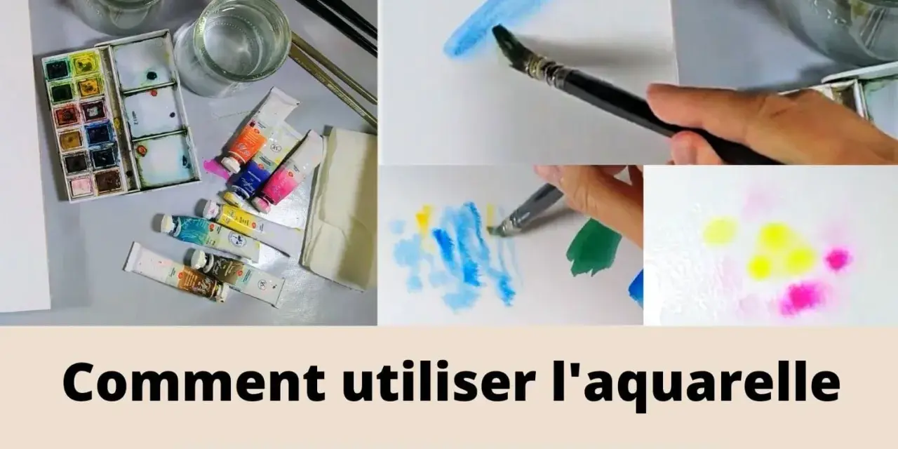 Matériel d'aquarelle : palette, tubes de peinture, pinceaux, eau. Démonstration de techniques de peinture style aquarelle.