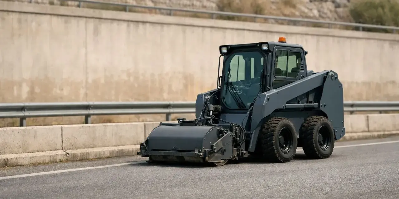 Macchina operatrice compatta, grigia, con rullo frontale, si muove su strada asfaltata. Le macchine operatrici, anche a bassa velocità, sono essenziali per lavori stradali.