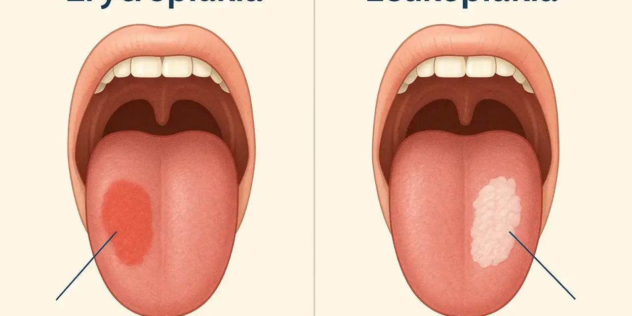 Zdjęcia pokazują objawy raka jamy ustnej: erytroplakię (czerwona plama na języku) i leukoplakię (biała plama na języku).