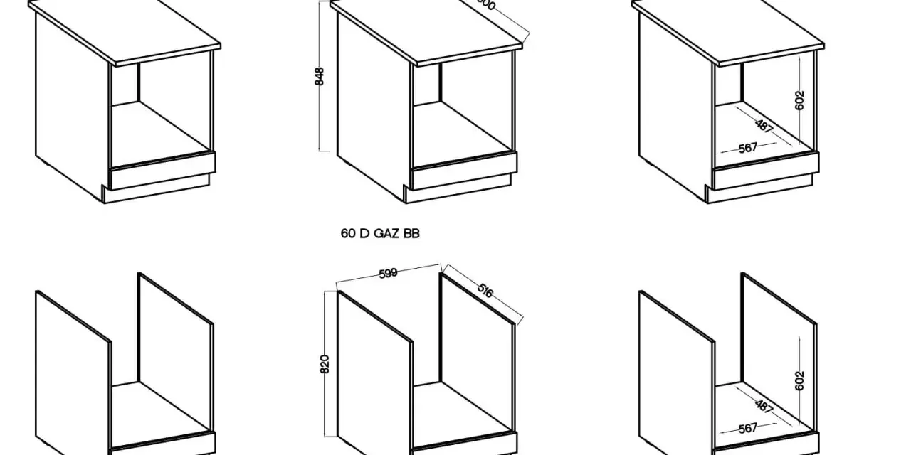 Wymiary szafki pod piekarnik: 600x848 mm (góra) i 599x820 mm (dół). Wymiary wewnętrzne 487x567 mm.