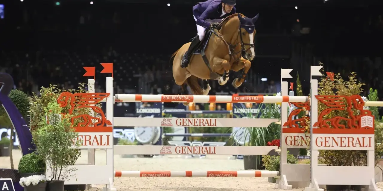 Un cavalier allemand CSO saute un obstacle dans une arène intérieure, sous les lumières vives.