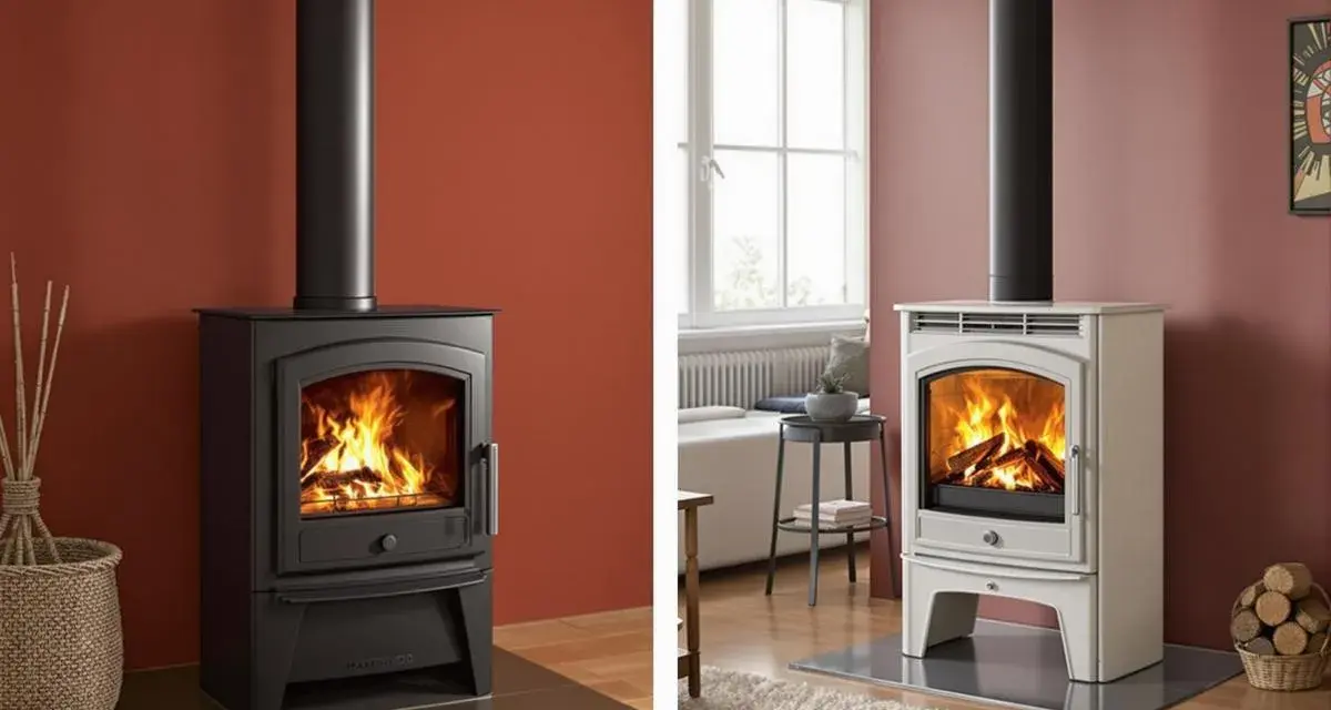 Poêles à bois en acier noir et en fonte blanche, avec flammes vives.