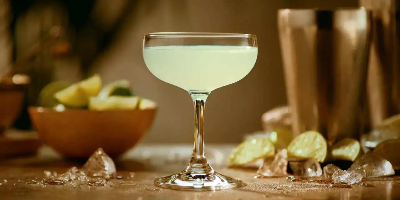 Orzeźwiający daiquiri, idealny na upalne dni. W tle miska z limonkami i kostki lodu.