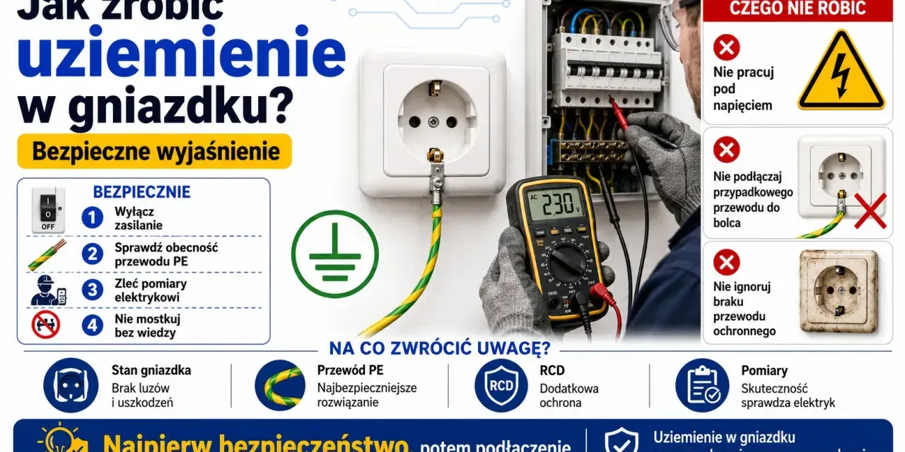 Instrukcja bezpiecznego wykonania uziemienia w gniazdku. Sprawdź przewód PE, wyłącz zasilanie i zleć pomiary elektrykowi.