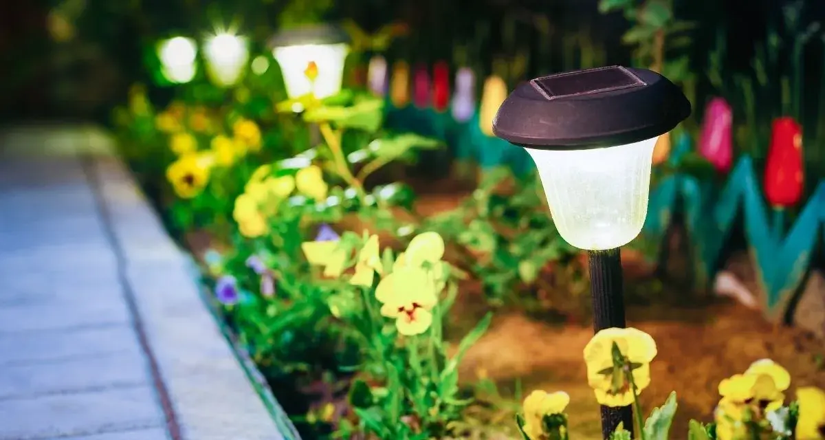Giardino illuminato da lampade solari, un'idea per il tuo giardino fai da te a costo zero. Fiori gialli e viola illuminano il sentiero.