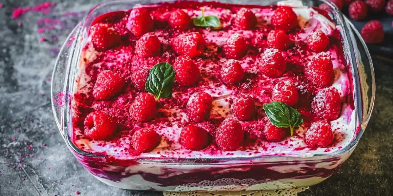 Himbeer Tiramisu in einer Glasform, garniert mit frischen Himbeeren und Minzblättern. Ein köstlicher Nachtisch.