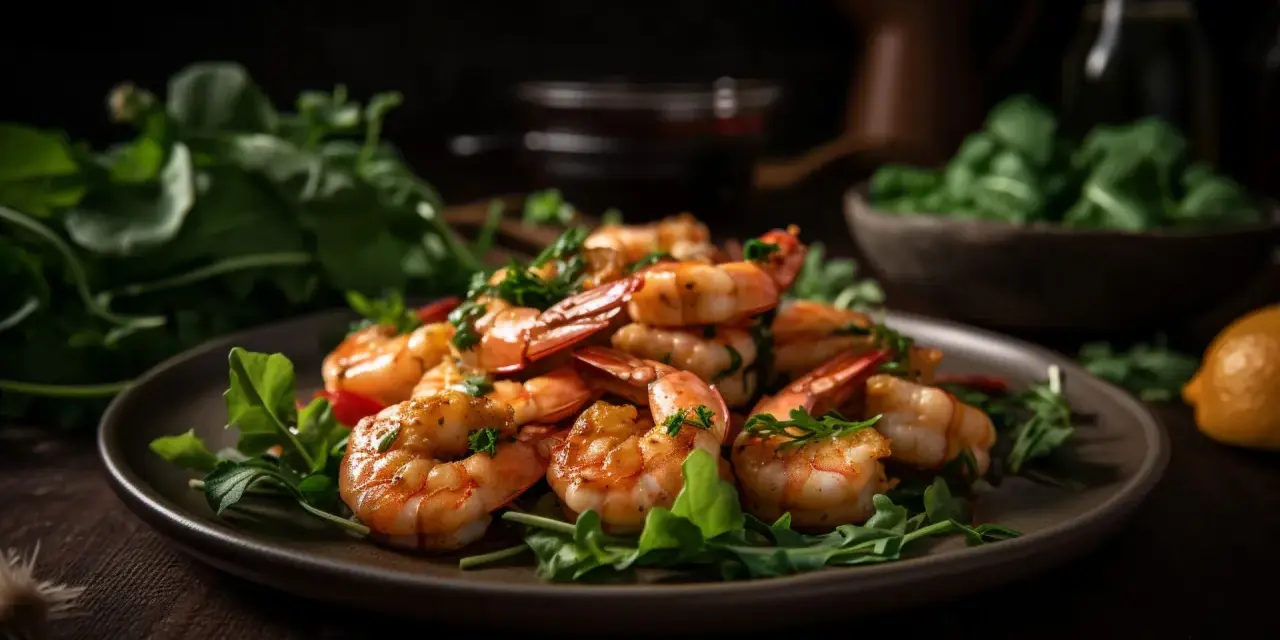 Gambas jugosas y doradas servidas con rúcula fresca y limón.