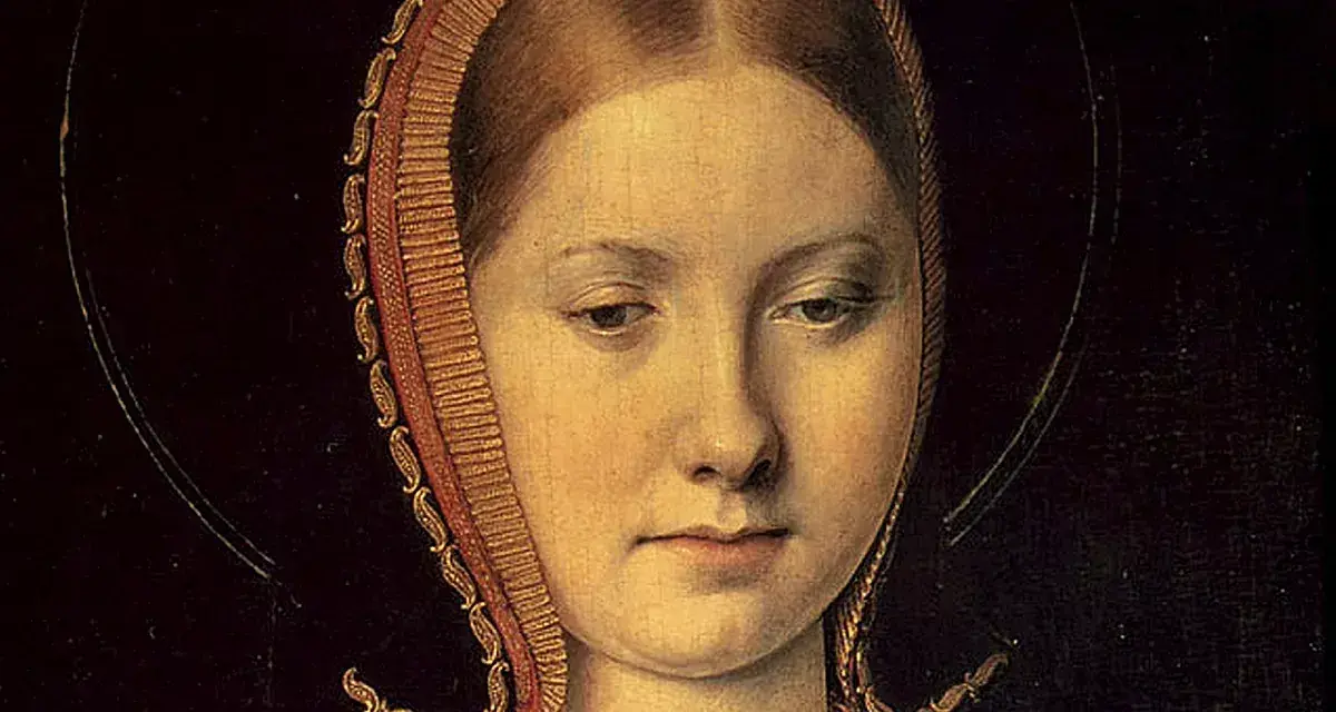 Retrato de Catalina de Aragón, una de las reinas católicas, con un tocado dorado y joyas.