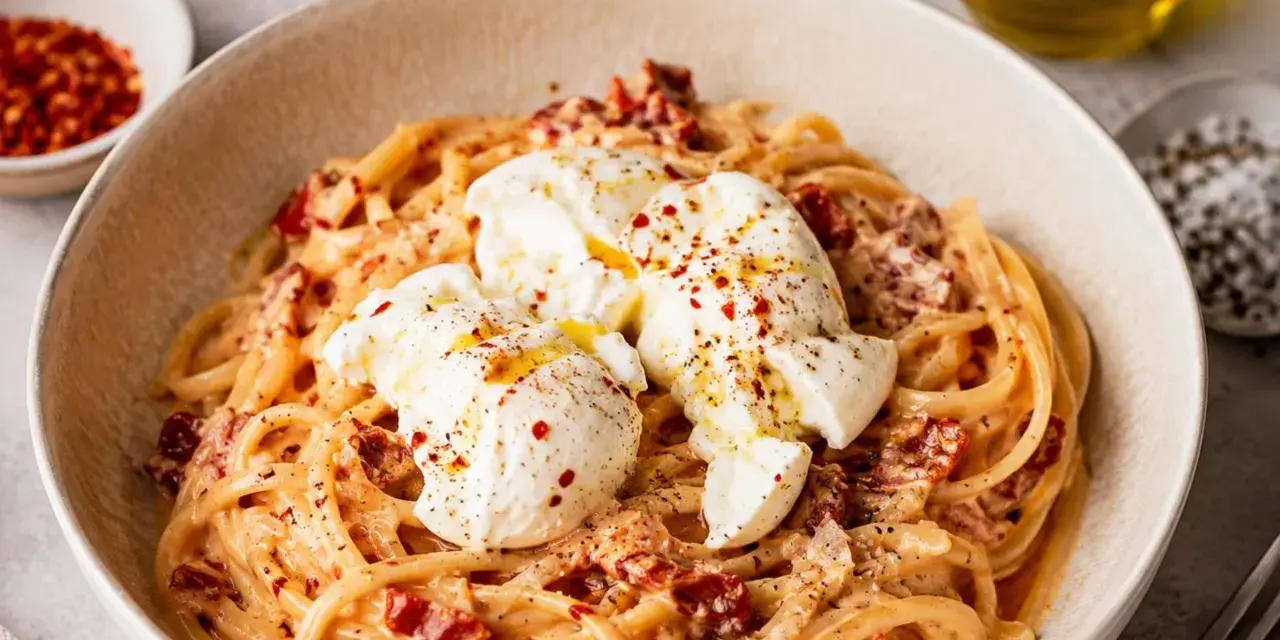Cremige Pasta mit sonnengetrockneten Tomaten und drei Klößen Burrata. Ein einfaches Burrata Rezept, das begeistert.