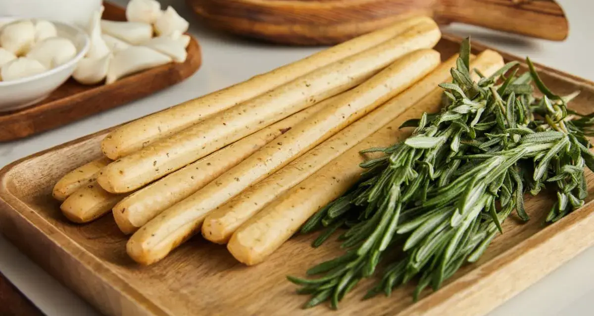 Grissini fatti in casa dorati e croccanti, profumati al rosmarino, pronti per essere gustati con formaggio e olive.