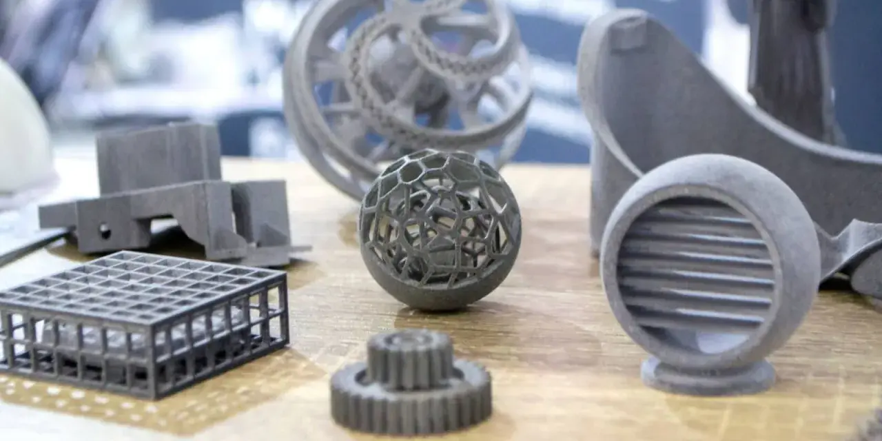 A collection of intricate 3D printing spare parts, including a lattice sphere, gears, and a vent, showcasing advanced manufacturing capabilities.