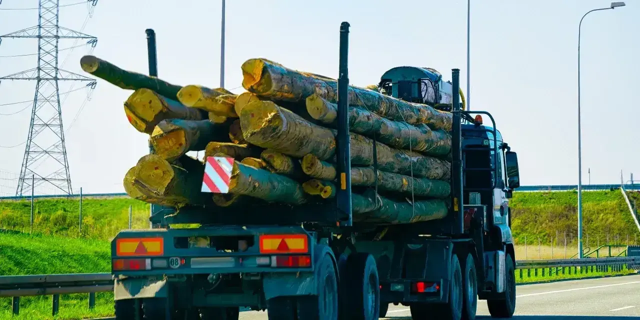 Ciężarówka z drewnem na przyczepie. Ładunek wystaje znacząco, co może budzić pytania, ile może wystawać ładunek z przyczepy.
