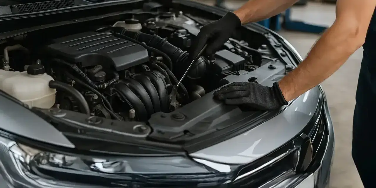 Meccanico con guanti neri lavora sul motore di un'auto, forse per la rigenerazione auto diesel.