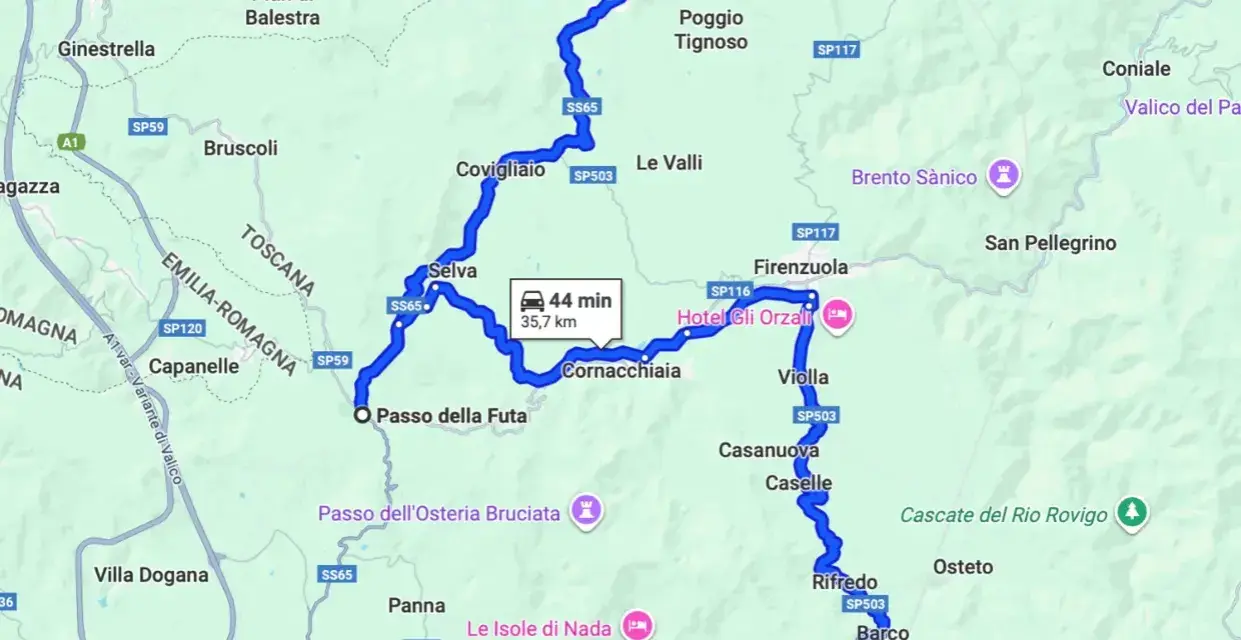 Mappa del percorso in moto per il Passo della Futa, con tappe a Firenzuola e Cornacchiaia.