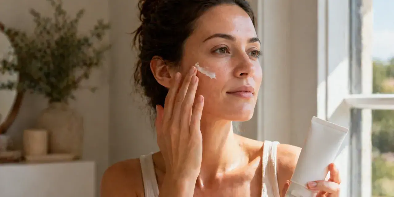 Kobieta aplikuje krem na twarz, zastanawiając się, retinol co to jest i jak działa na skórę.