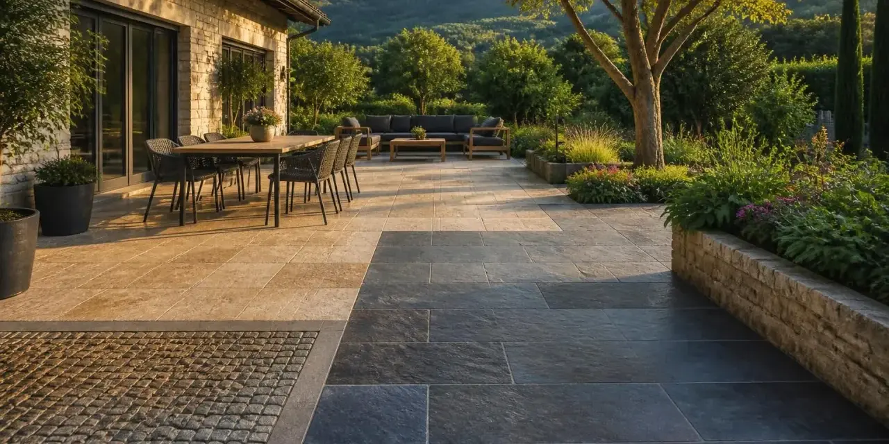 Une belle terrasse en pierre naturelle, avec un coin repas et un salon extérieur, entourée d'un jardin luxuriant.