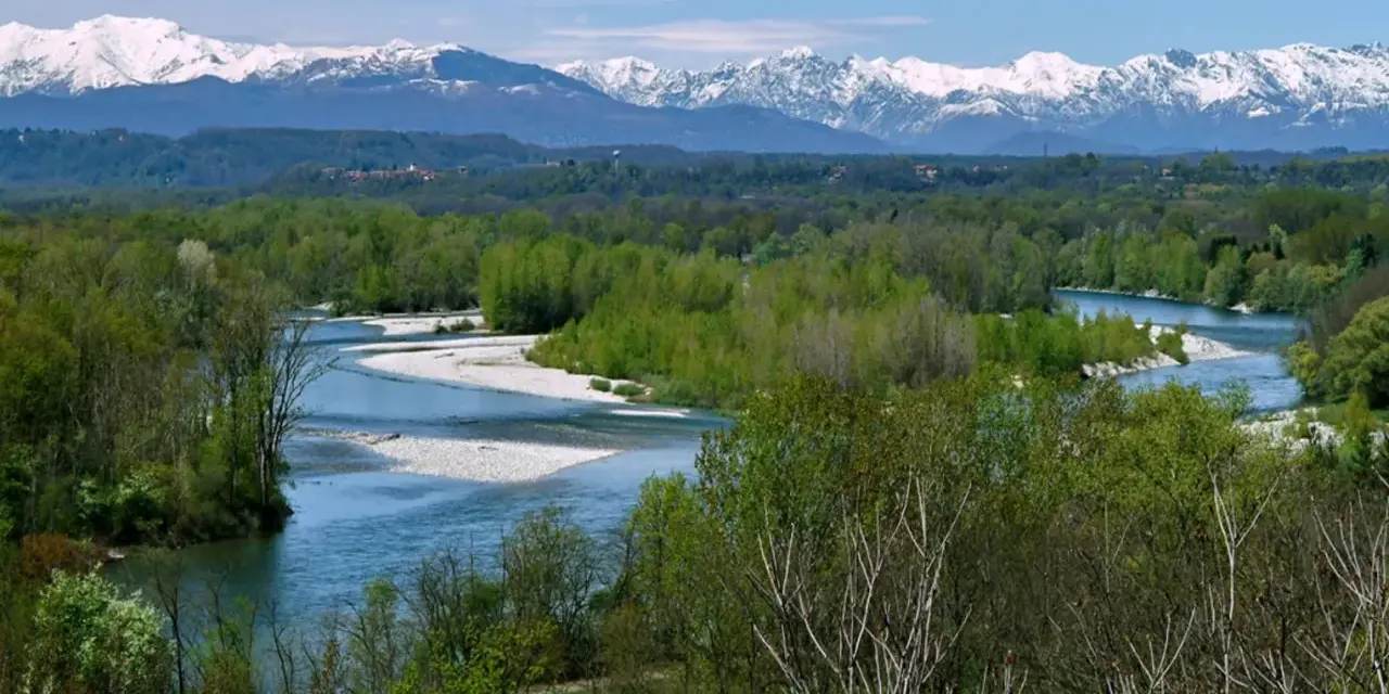 Il fiume Ticino serpeggia tra boschi rigogliosi, con montagne innevate all'orizzonte.