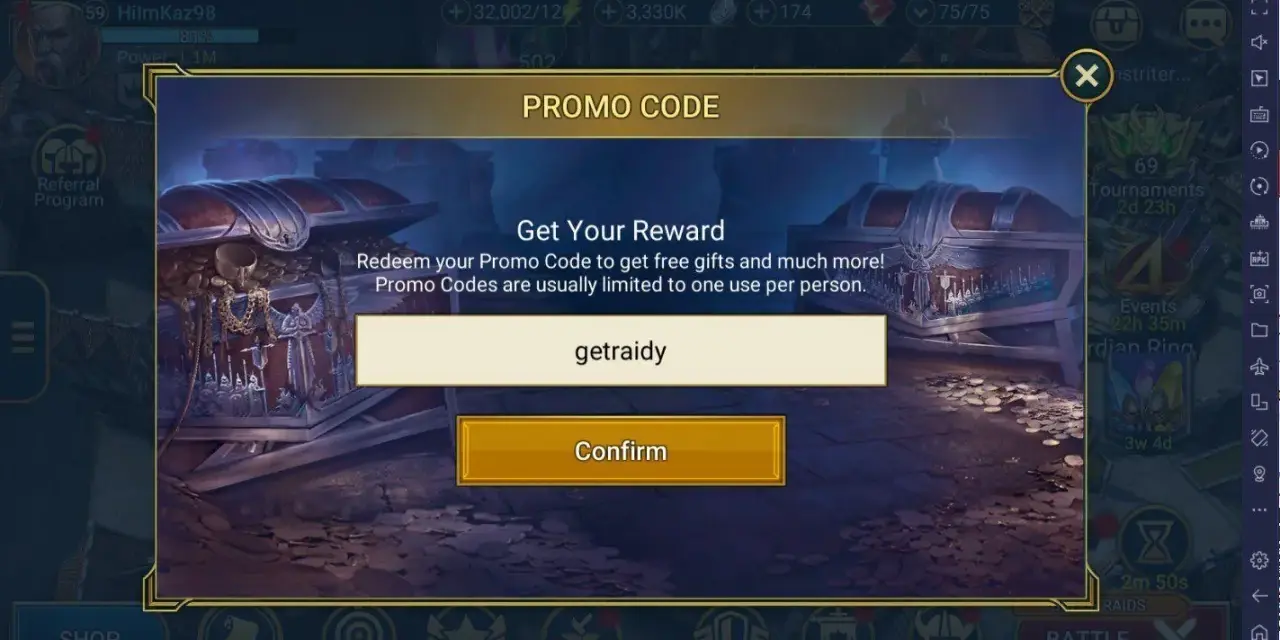 Wpisz kody do Raid Shadow Legends, aby otrzymać darmowe prezenty. Wpisz "getraidy" w pole promo code.