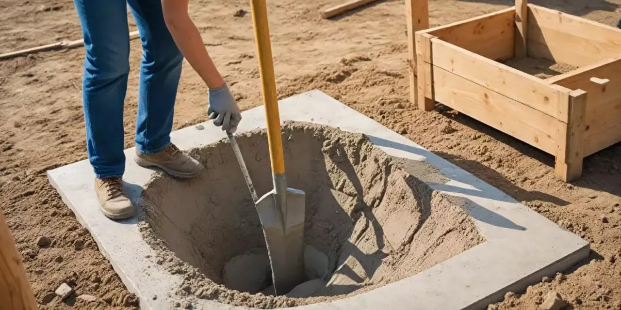Osoba kopie dół w betonie, przygotowując fundamenty pod słupki ogrodzeniowe. Właściwe proporcje betonu są kluczowe dla stabilności.