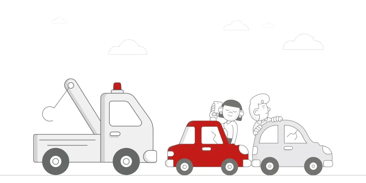 Pomoc drogowa to coś, co ratuje w potrzebie. Holownik zabiera czerwone auto z pasażerami, a za nim stoi kolejne uszkodzone auto.
