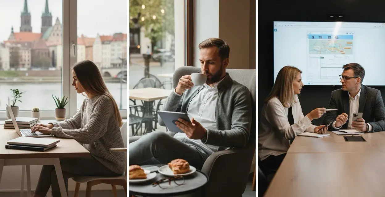 Studia grafika Wrocław: młoda kobieta pracuje przy laptopie z widokiem na miasto, mężczyzna pije kawę z tabletem, a para dyskutuje przy ekranie.