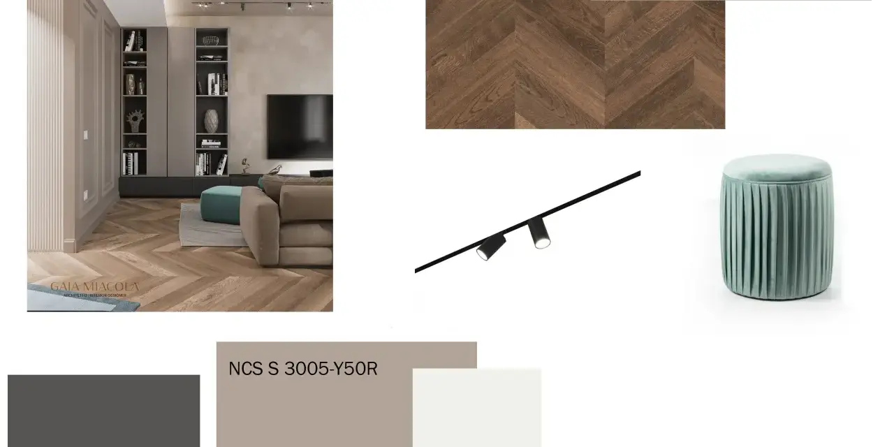 Moodboard con parquet a spina di pesce, pouf verde acqua e campioni di colore. I colori che stanno bene con il tortora includono grigi caldi e tonalità neutre.