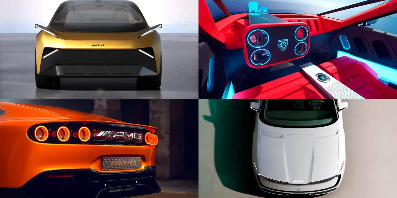 Kolaż czterech samochodów: złoty concept car z przodu, futurystyczne czerwone wnętrze, pomarańczowy tył sportowego auta, biały Skoda z góry.