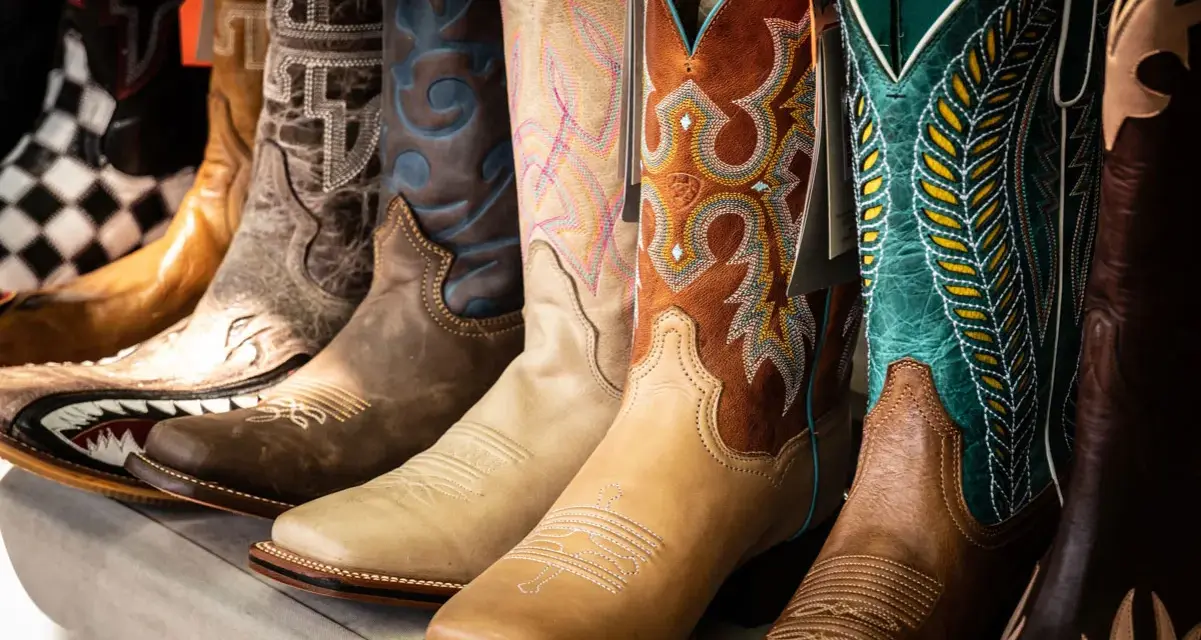 Una fila di stivali da cowboy colorati e ricamati, mostrando la differenza tra texani e camperos con vari design.
