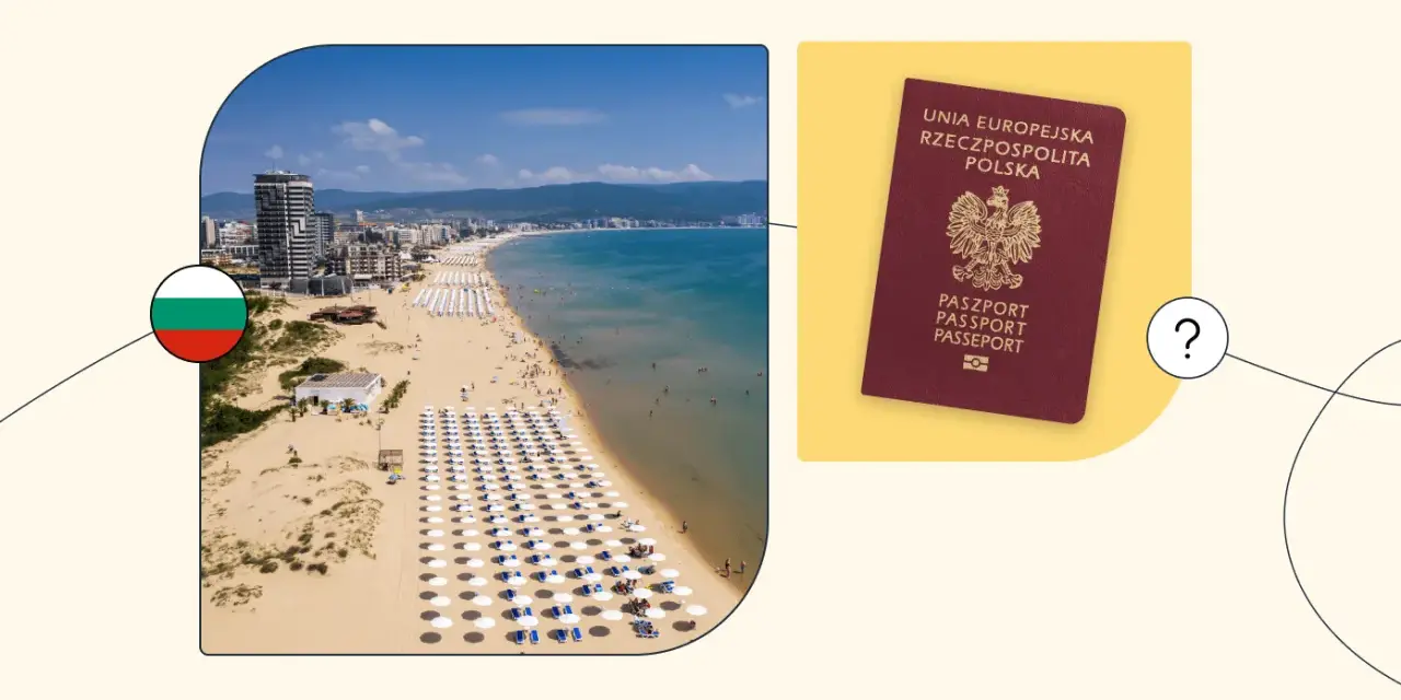 Widok na plażę w Bułgarii i polski paszport.