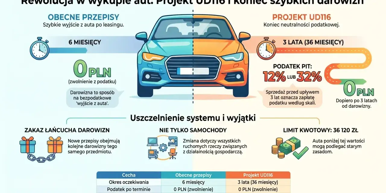 Porównanie przepisów dotyczących wykupu aut: obecne zasady vs. Projekt UD116. Nowe przepisy wprowadzają podatek od sprzedaży samochodu po 3 latach.