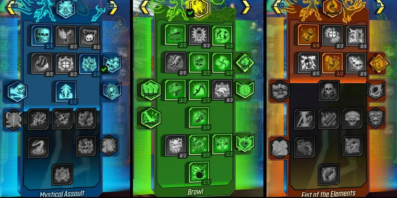 Árboles de habilidades de Amara en Borderlands 3: Mystical Assault, Brawl y Fist of the Elements.