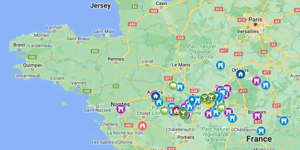 Carte des châteaux de la Loire, idéale pour un itinéraire pour visiter les châteaux de la Loire en 3 jours.
