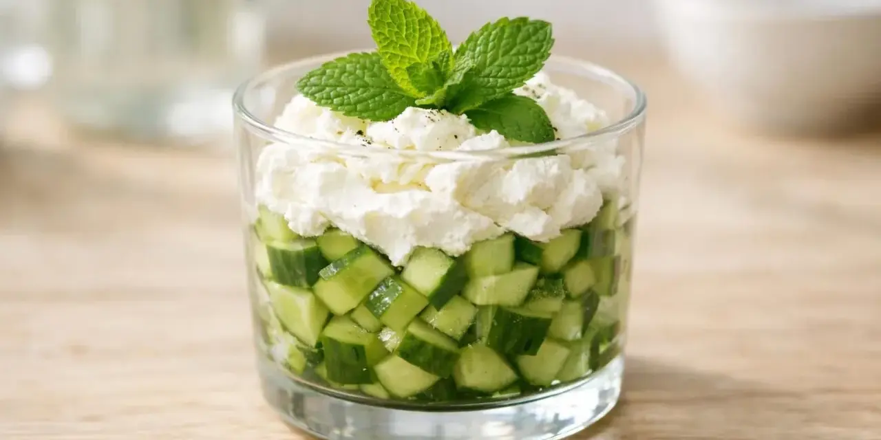 Verrine fraîcheur : dés de concombre croquants surmontés d'une crème onctueuse et d'une touche de menthe. Un délice léger et rafraîchissant.