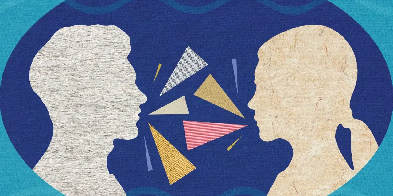 Due profili si fronteggiano, circondati da forme geometriche colorate. Quante sono le emozioni che si scambiano in questo dialogo visivo?