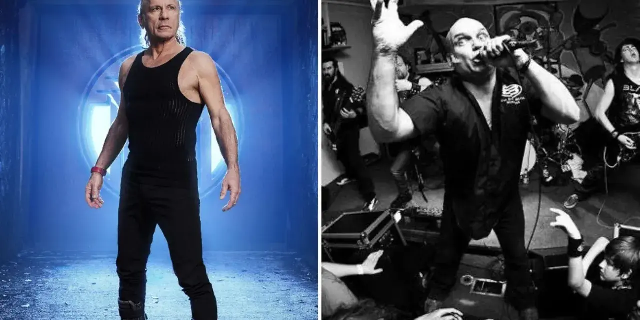 Bruce Dickinson, wokalista Iron Maiden, w dwóch odsłonach: jako postać z niebieskim tłem i na żywo, śpiewający do mikrofonu.