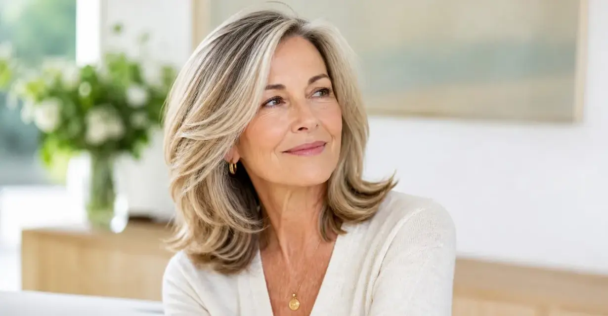 Donna con capelli biondi scalati, un look che fa parte dei 10 tagli di capelli per sembrare più giovani.
