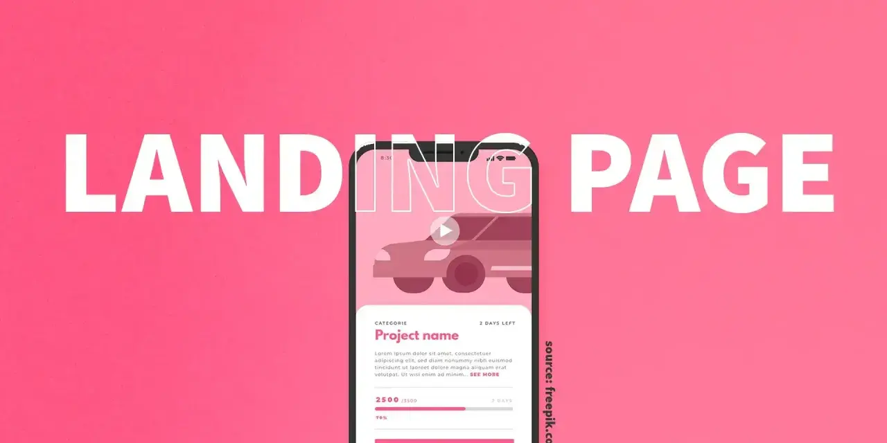 Beispiele für Landing Pages: Ein Smartphone zeigt eine Crowdfunding-Kampagne für ein Auto. Der Text "LANDING PAGE" ist groß darüber zu lesen.