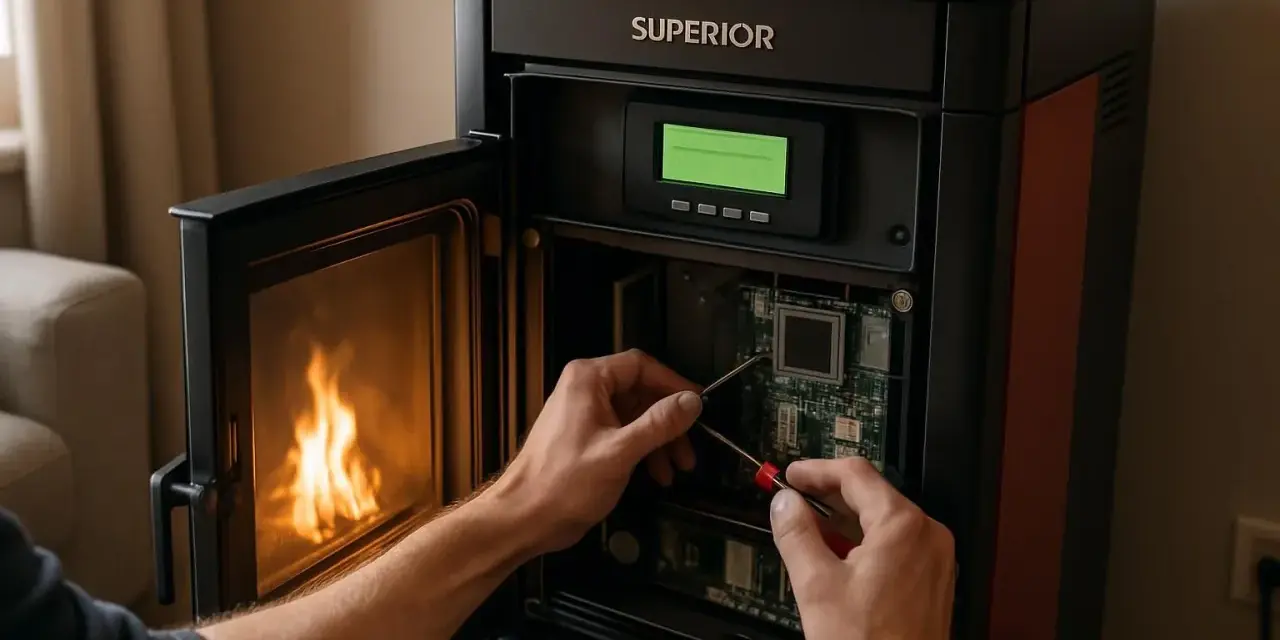 Mainteneur travaillant sur la carte mère d'un poêle à granulés, peut-être pour résoudre un code erreur poêle à granulés. Flammes visibles dans le foyer.