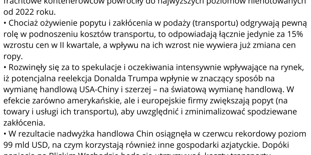 Stawki frachtowe kontenerowców rosną, wpływając na koszty transportu. Spekulacje i napięcia geopolityczne podnoszą perspektywy zysków dla żeglugi.