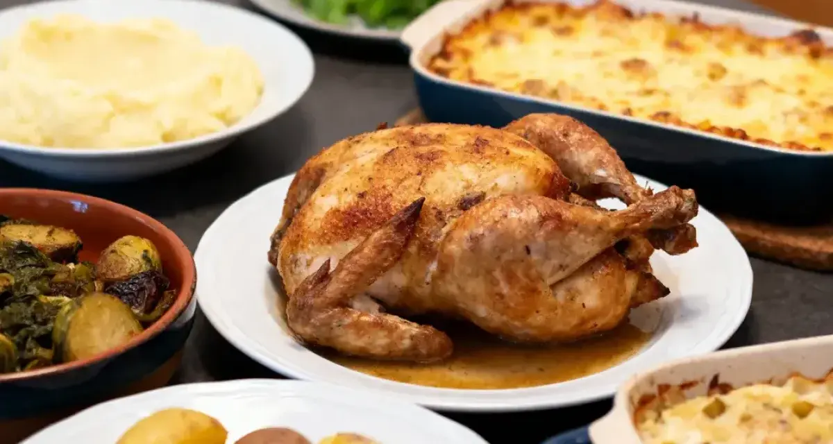 Un poulet rôti doré, entouré de purée, légumes rôtis et gratin. Un festin parfait pour un accompagnement poulet rôti.