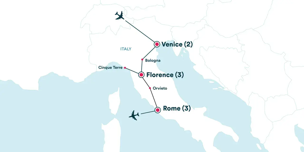 Map showing a Rome, Florence, Venice itinerary with flights and stops in Cinque Terre, Bologna, and Orvieto.