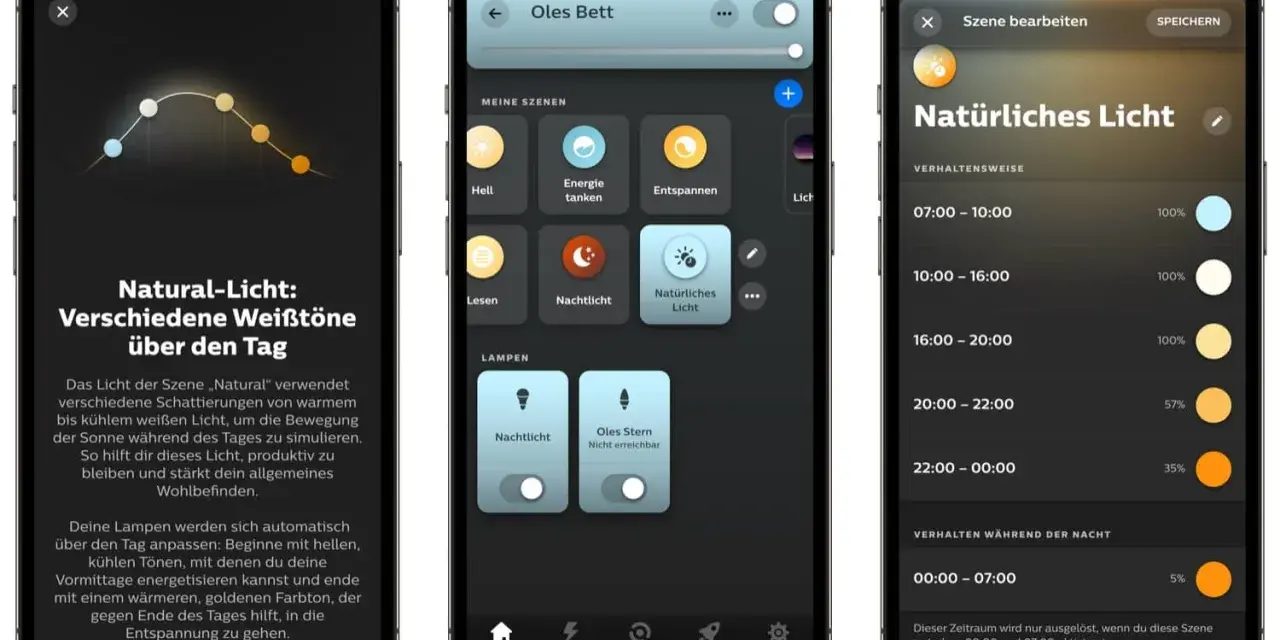App-Ansicht: "Natürliches Licht" passt die Beleuchtung über den Tag an, von kühlem Morgenlicht bis warmem Abendlicht.