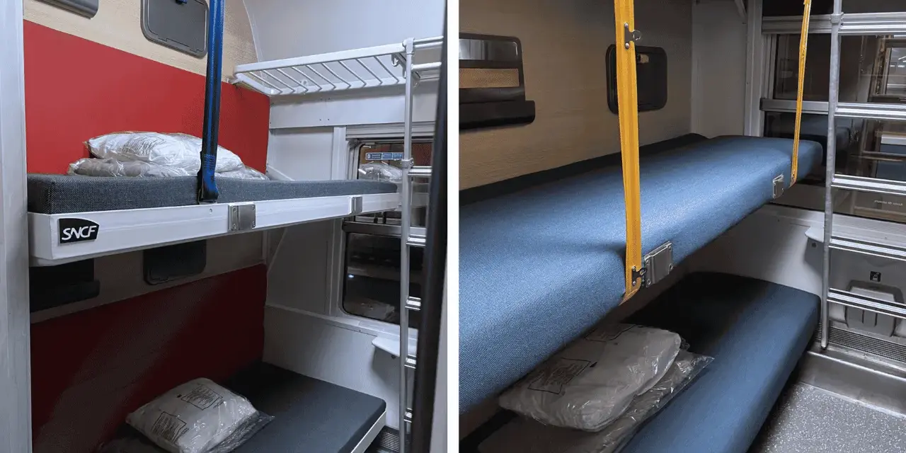 Compartiments couchettes SNCF, lits superposés. Le car couchette interdit en France pour des raisons de sécurité.