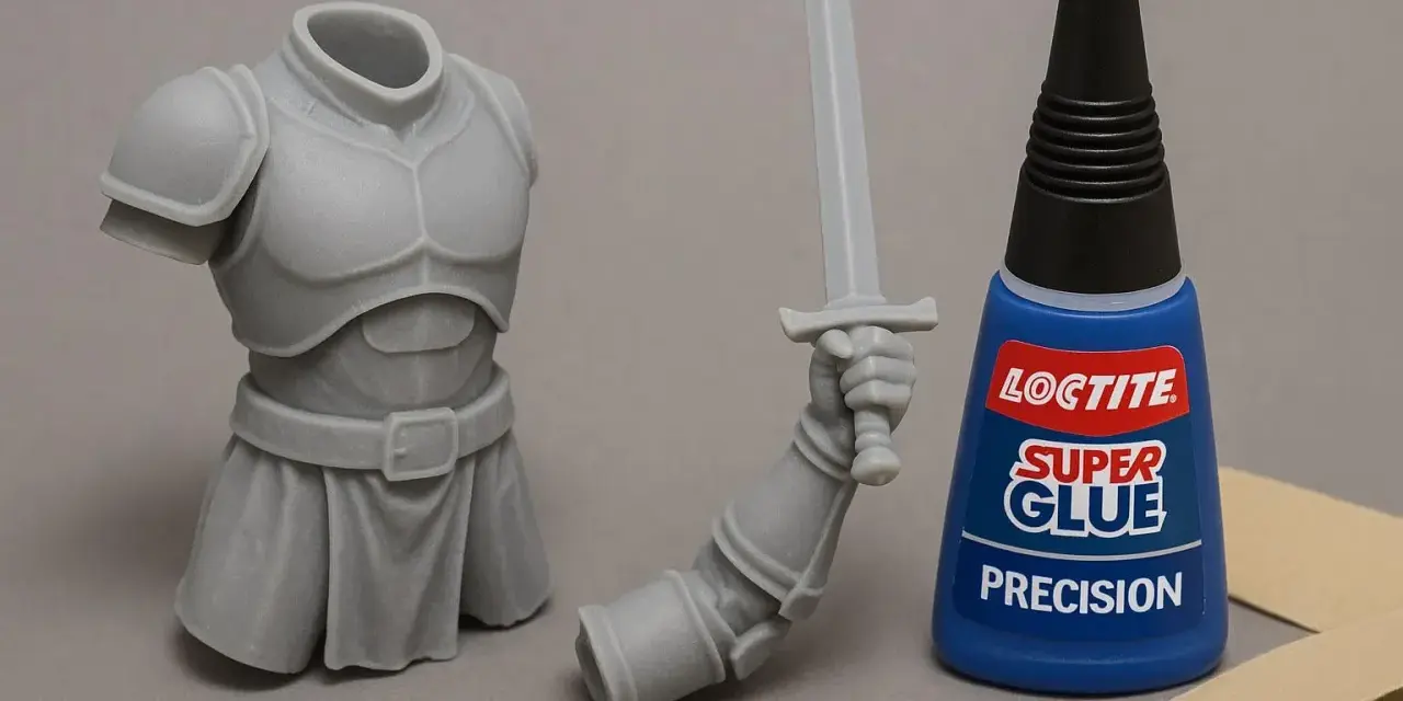 A grey resin knight's torso and arm with a sword are next to a bottle of Loctite Super Glue, suggesting does super glue work on resin for model assembly.