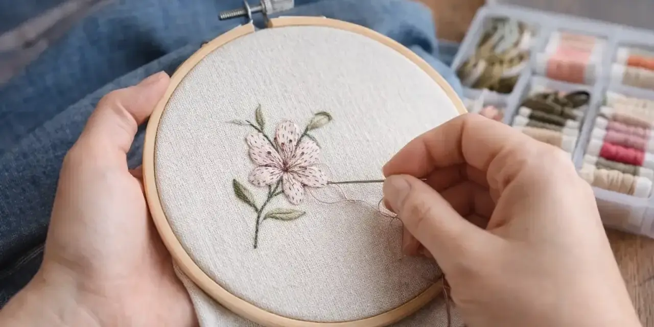Manos bordando una flor en un bastidor. Se aprecian hilos de colores y las medidas de los bastidores son importantes para este arte.