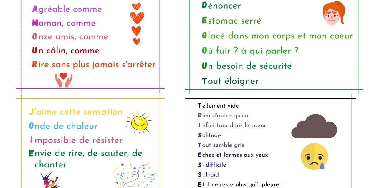 Acrostiche le jeu : quatre poèmes sur les émotions, de la joie à la tristesse, avec des illustrations.