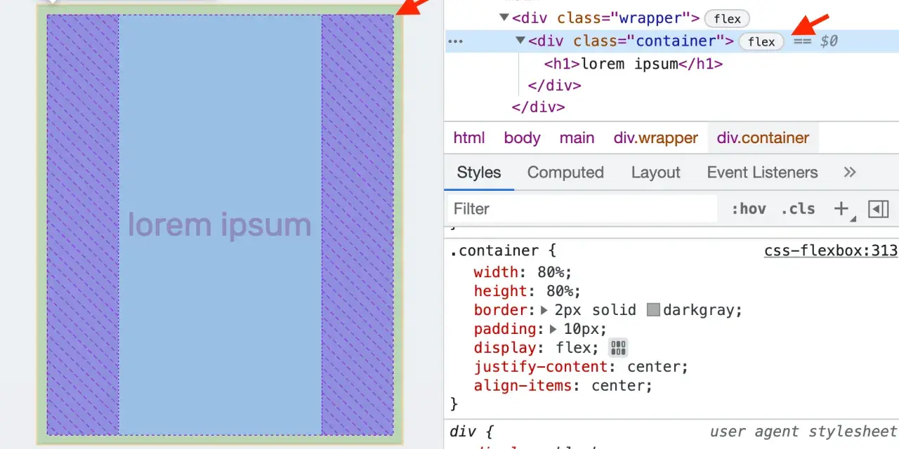 Centrowanie tekstu "lorem ipsum" w kontenerze z użyciem Flexbox w narzędziach deweloperskich.