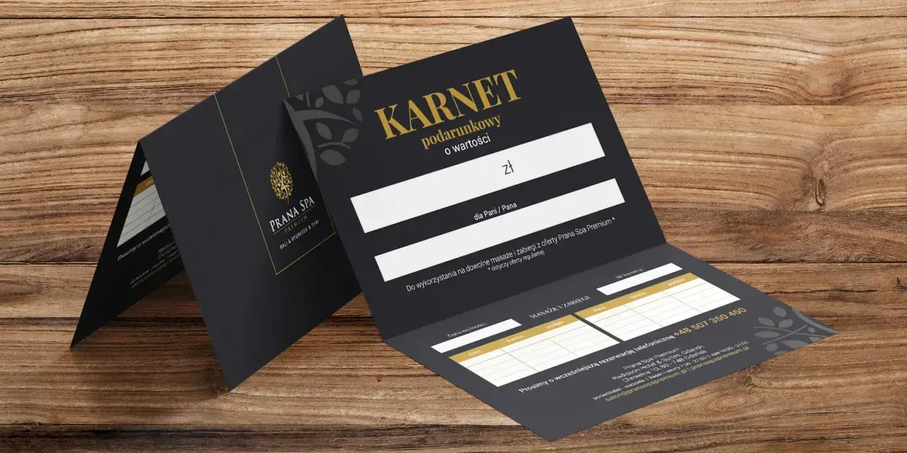 Elegancki voucher do spa Prana Spa Premium, idealny na prezent. Karnet podarunkowy o określonej wartości, do wykorzystania na masaże i zabiegi.