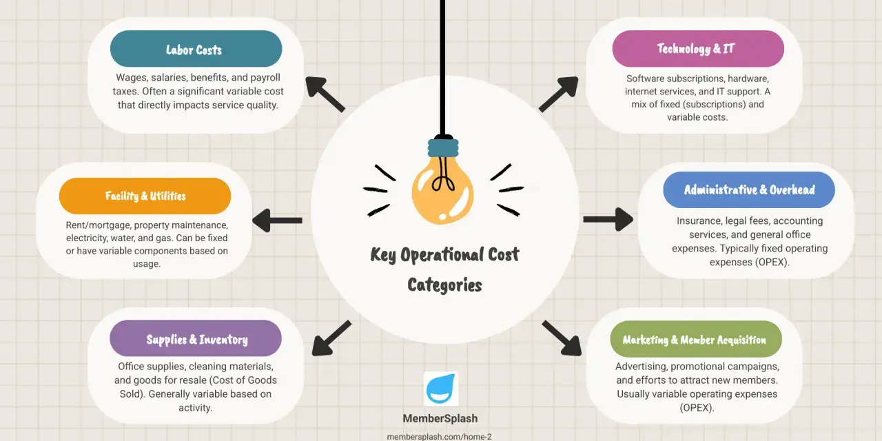 Infographic detailing key operational cost categories like labor, technology, and facility expenses, crucial for understanding opex reduction strategies.