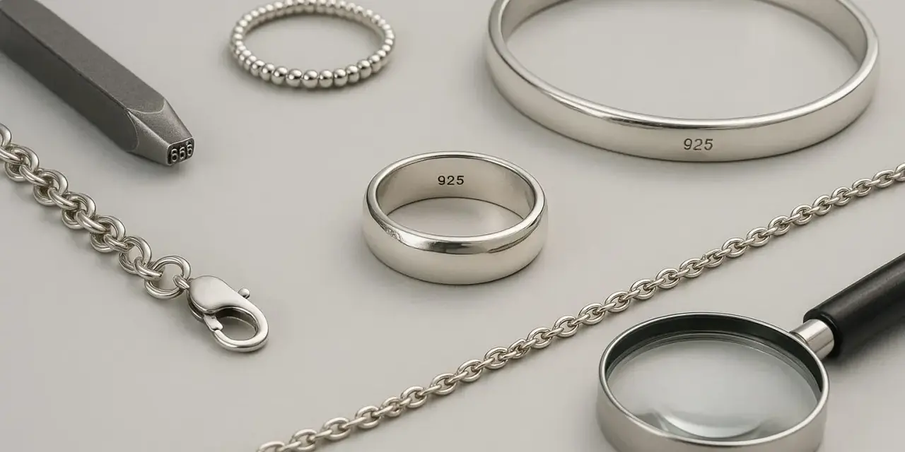 Gioielli in argento 925: anelli, bracciale, catena e punzone. La qualità è visibile anche con una lente d'ingrandimento.